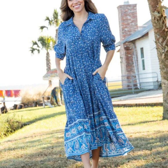 Natural Life Rebecca Midi Dress Blue Boho Cottagecore Style | Size M - Picture 1 of 7